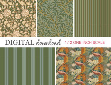 Preview image of 1:12 scale printable dollhouse wallpaper in gold and moss green, designed for miniatures and shown as digital sheets ready for instan t download and printing.